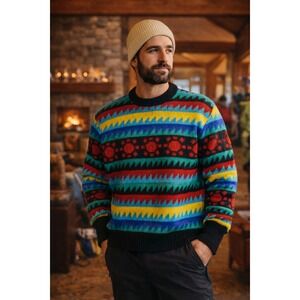 Vintage 80s OP Ocean Pacific Rainbow Knit Sweater Mens Large Apres Ski
